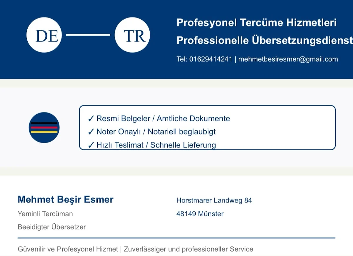 Yeminli Tercüman Mehmet Besir Esmer-TrDe Übersetzungsbüro für Türkisch Deutsch